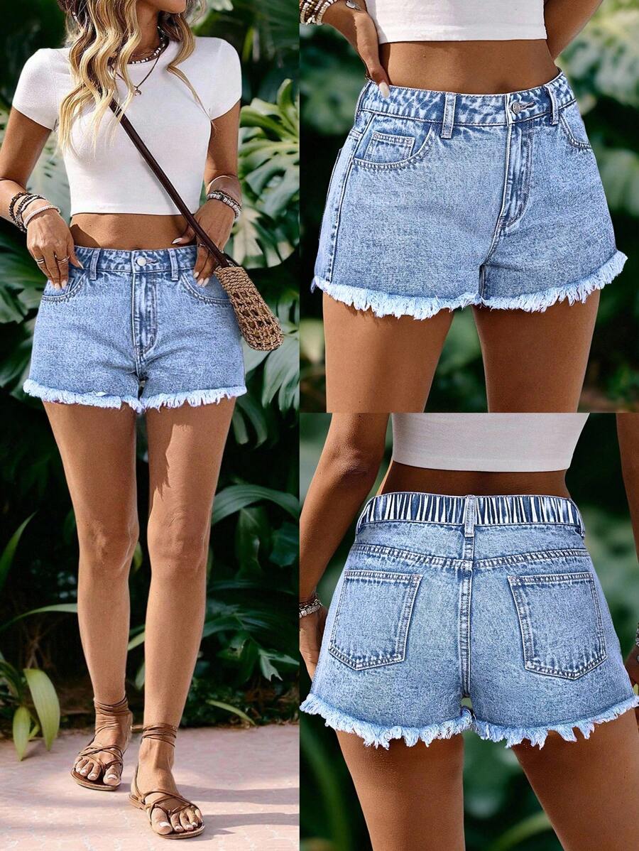EMERY ROSE Plus Size Women's Casual Denim Frayed Hem Shorts For Summer - Light Wash - View 1