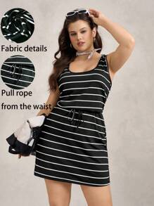 Zelara Plus Size Holiday Outfits Women's Summer Cozy Fit Black And White Striped Relaxed Outfit Round Neck Sleeveless Slouchy Casual Style Waist Tie Casual Fashion Women's Chillax Dress Sundress