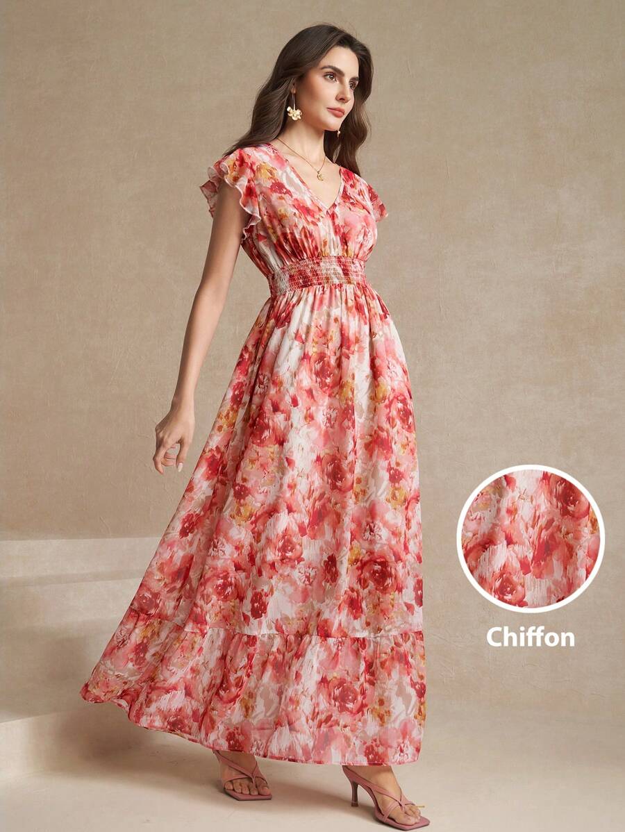 Amorya Women Shirred Tie Dye Floral Print Flare A-Line Ruffle Sleeve Waist Cinched Elegant Fashionable Slimming Long Dress,Bohemian Clothes Fall/Winter Women Clothes Back To School Modest Vintage Old Money Teacher Outfits For Women Airport Beautiful Clothing For Women - Multicolor - View 1