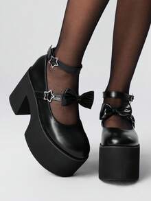 ROMWE Grunge Punk 女士高跟玛丽珍鞋，朋克风格，铆钉，金属扣和蝴蝶结设计，黑色厚底高跟鞋，适合派对、日常穿着、晚礼服，增高显腿长，舒适百搭 - 黑色 - 查看 1