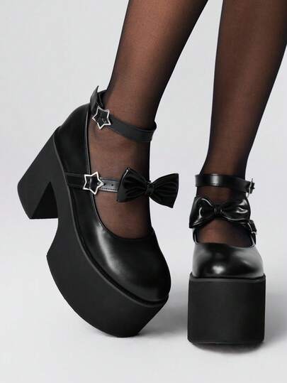 Grunge Punk Women's High Heel Mary Jane Pumps, Punk Style With Rivet, Metal Buckle & Bow Design, Black Platform Heels Suitable For Party, Daily Wear, Evening Dress, Height Increasing And Leg Lengthening, Comfortable And Versatile