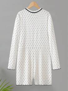 女式长袖短裤连体裤，波尔卡圆点元素，凸显俏皮简约，休闲百搭风格，采用高弹舒适柔软罗纹面料，穿着手感柔软，凸显休闲家居服 - 白色 - 查看 2