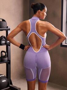 Powerista Striped Backless Sleeveless Fitted Sports Jumpsuit - Purple - View 3
