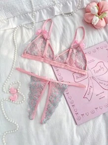 PetitDoll 优雅透明粉色针织面料内衣套装，外出 - 粉色 - 查看 2