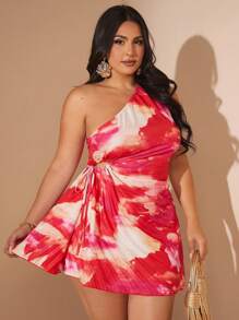 SHEIN BAE Váy quấn thắt nơ eo khoét lỗ thanh lịch, giản dị mùa xuân/hè cỡ lớn dành cho nữ, váy đi biển ôm sát, váy đi biển, váy xếp ly lệch vai nhiều lớp - Đỏ - Xem 4