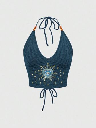 Women's Boho Gothic Hippie Vacation Style Heart Moon & Star Embroidery Black Knit Beaded Top