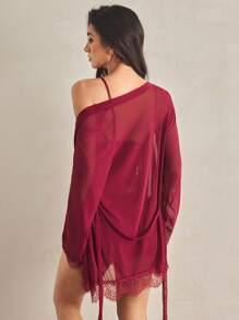 Charlaine 4pack Contrast Lace Mesh Lingerie Set With Robe & Belt - Burgundy - View 2