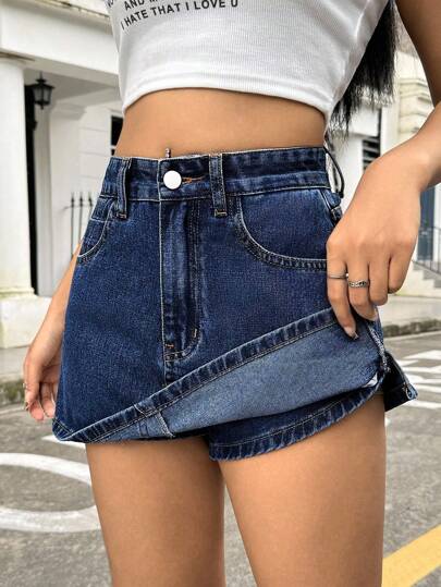 SHEIN ICON Falda mini de mezclilla lavada casual para mujer, verano