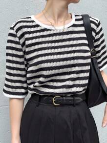 FRIFUL 女士条纹撞色圆领露背交叉带宽松短袖T恤，夏季