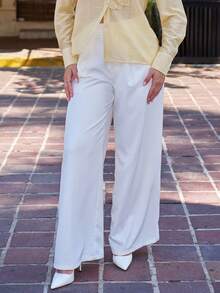 Andrea Bello Pantalon évasé à plis et poche, couleur unie, style minimaliste pour femmes - Blanc - Voir 5