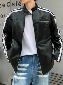 Manfinity Dauomo Áo khoác da PU phối màu có khóa kéo phía trước dành cho nam, phong cách Xuân Thu, thập niên 2000, phong cách Grunge - màu đen - Xem 1