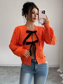 Elenzga Áo khoác len cardigan nữ, thiết kế mùa thu mới, buộc dây phía trước, họa tiết, tối giản - trái cam - Xem 7