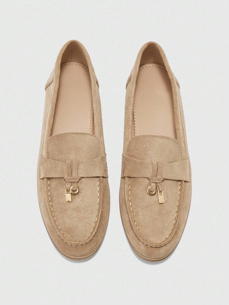 CUCCOO BIZCHIC 女士杏色绒面革舒适休闲乐福鞋，百搭平底一脚蹬鞋，适合户外、工作、日常穿着 - 杏色 - 查看 1