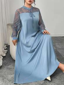 Lacomfia V-Neck Long Sleeve Contrast Lace Flared Dress, Spring/Summer Fall Cloth For Women - Blue - View 2