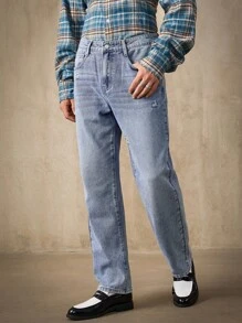 RivetRise Quần jeans ống đứng màu xanh nhạt, đơn giản, rách dành cho nam - Rửa nhẹ - Xem 4
