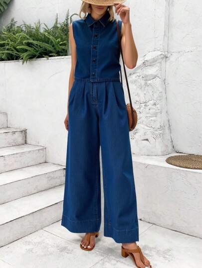 SHEIN 西式青少年女孩 Old Money 服装水洗夏季无袖衬衫阔腿裤女孩牛仔软套装，牛仔两件套，适合日常旅行、户外、家居、早午餐、茶会、通勤、机场穿着，女孩秋季服装，儿童乡村音乐会服装，工作/办公室商务休闲装，返校街头服饰