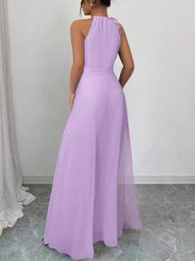 Elenzga Mono elegante de mujer para ir al trabajo, de cuello en V sin mangas, cintura con nudo, de gasa con patchwork, verde, efecto estilizador y con fondo transparente - Morado - Ver 2