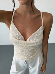 Firerie Áo hai dây buộc chéo hở lưng cổ thấp họa tiết thanh lịch, thời trang dành cho nữ, tiệc tùng hàng ngày, ngày lễ, màu mơ, xuân/hè, bãi biển, đi làm, thanh lịch, gợi cảm, kỳ nghỉ, bãi biển, bohemian, Hawaii, lễ hội âm nhạc, trang phục công sở, áo buộc phía trước - Màu be - Xem 3