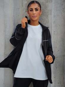 SAYEHFBABY Chaqueta deportiva blanca con cremallera y decoración de ribete a rayas