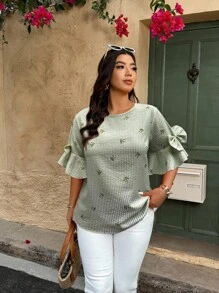 Weeklong Plus Size Casual Everyday Striped Bow Print Textured Round Neck Shirt - Mint Green - View 4