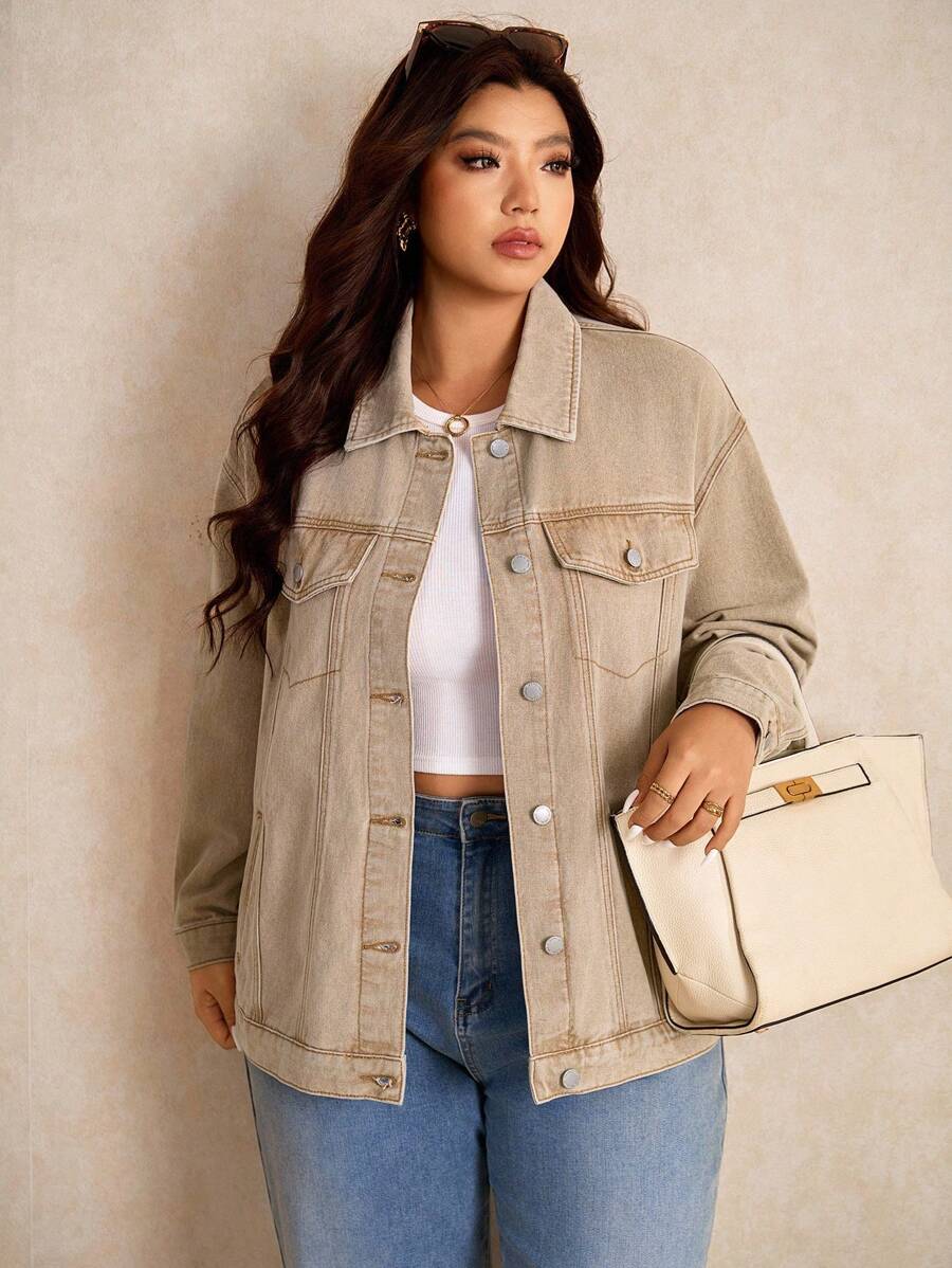 Elaquor Áo khoác denim rách giặt thường ngày cỡ lớn - Màu be - Xem 1