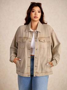 Elaquor Áo khoác denim rách giặt thường ngày cỡ lớn - Màu be - Xem 6