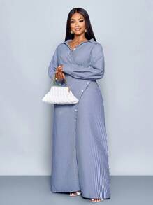 SOLERSUN Plus Size Women's Stripe Print Button-Up Front Shirt Dress, Asymmetric Hem, Dolman Sleeves, Slit A-Line Long Skirt,Wrap Shirt, Fall Clothing, Long Sleeves, Winter Clothing, Elegant, Daily Commute, Our Way Of Travel, Casual, Two Pieces Set