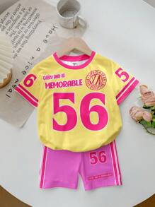 SHEIN 2 件套年轻女孩休闲简约短袖上衣和短裤套装，适合夏季