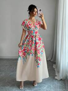 Rafferiza 优雅女士长款印花交叉前襟束腰无袖连衣裙，春夏