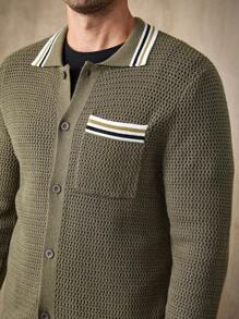 Manfinity Homme Áo khoác cardigan sọc tương phản thường ngày cho nam - Màu xanh Ô liu - Xem 5