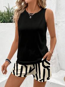 SHEIN LUNE 2 件套女士休闲不对称几何印花圆领背心和短裤套装，适合夏季