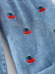 Genkimix Kids Conjunto de Moda Casual Diária Escolar para Meninas, Camisa de Manga Longa com Gola Polo Ajustada de Cor Sólida e Calça Denim de Perna Larga Solta com Cintura Elástica e Bordado de Cereja, Conjunto de Volta às Aulas, Todas as Estações - Vinho - Visão 6