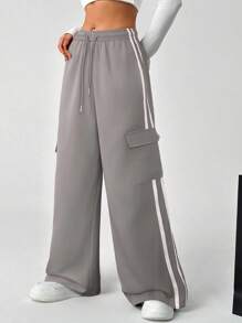 SHEIN EZwear 女式休闲灰色抽绳腰带条纹侧袋裤 - 灰色 - 查看 5