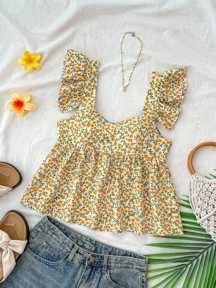 SHEIN 少女度假方领宽松娃娃装上衣，黄色花卉方领荷叶袖娃娃装上衣/可爱/优雅 - 黃色 - 查看 1