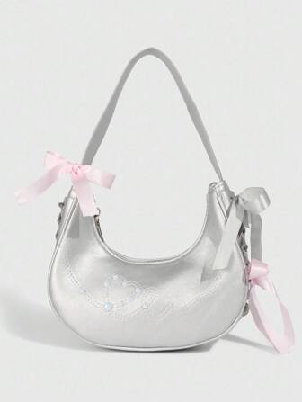 Kawaii 1 pezzo Borsa a mezzaluna argento stile college dolce e cool, borsa da donna con fiocco di nastro da ballerina e cuore ricamato