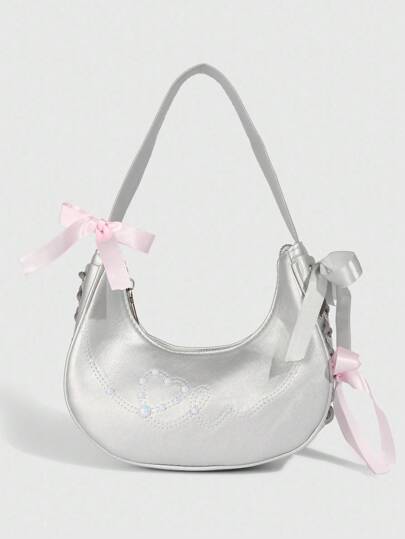 Kawaii 1 pieza Bolso de mano estilo universitario dulce y fresco con media luna plateada, bolso de mujer con bordado de corazón y lazo de ballet