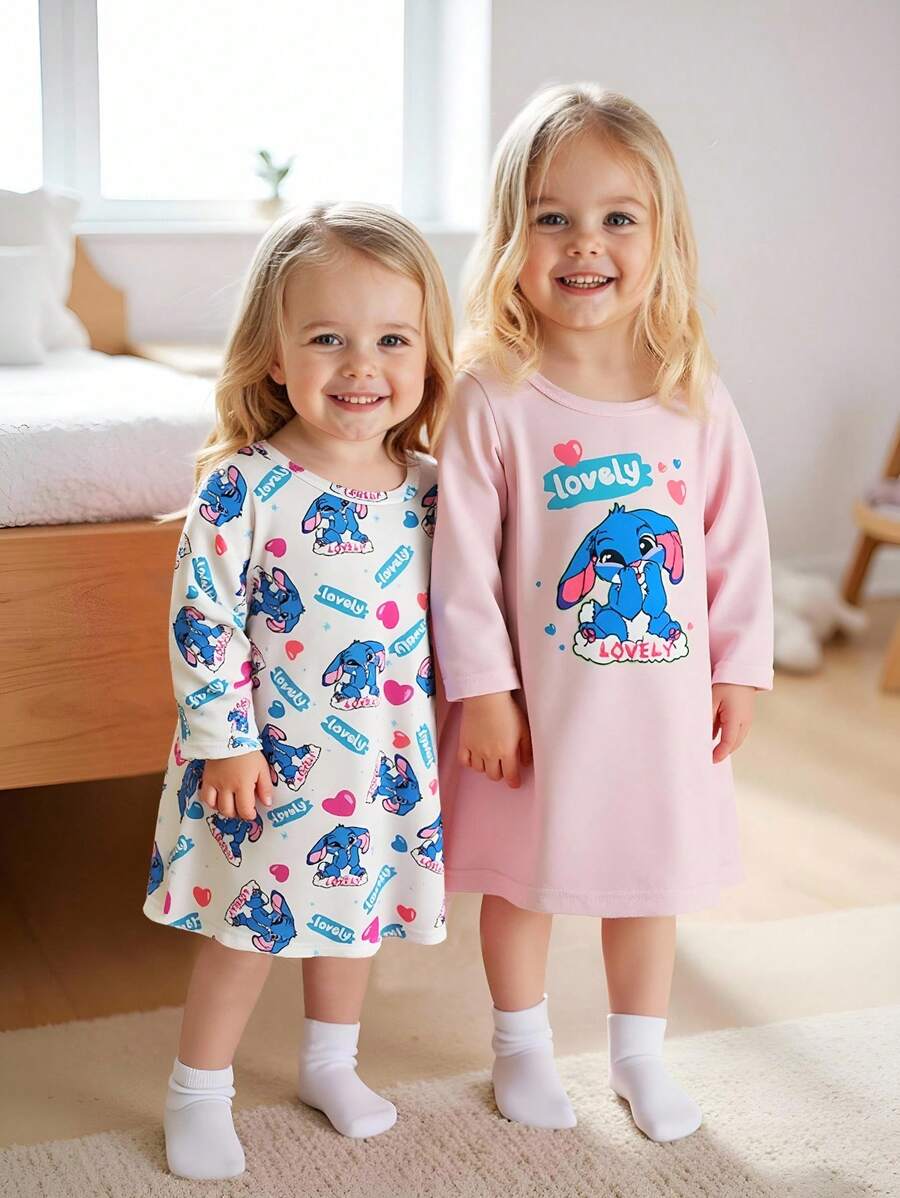 SHEIN 2pcs Baby Girl Cute Blue Rabbit Print Round Neck Long Sleeve Casual Dress, Suitable For Everyday Wear, Spring/Autumn - Multicolor - View 1