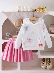 Young Girls Cute Multi-Color Bow Hooded Long Sleeve White Fashion Sweatshirt Paired With Pink Pleated Comfortable Skirt T-Shirt Set, Autumn/Winter - White - View 6