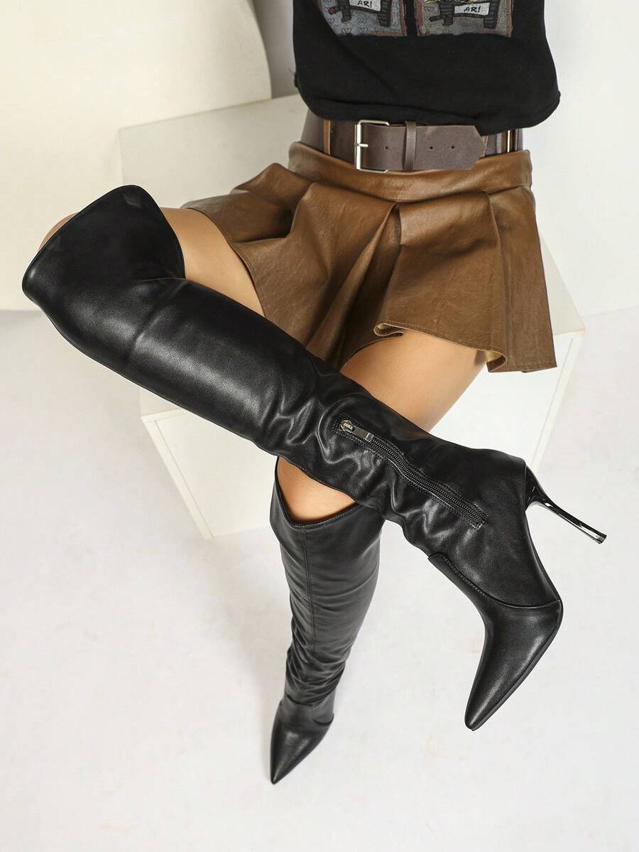 CUCCOO SZL Giày bốt cao gót qua đầu gối co giãn mũi nhọn cho nữ, gót nhọn thon gọn, gợi cảm, đa năng, khóa kéo bên hông, bốt cao đến đùi - màu đen - Xem 1