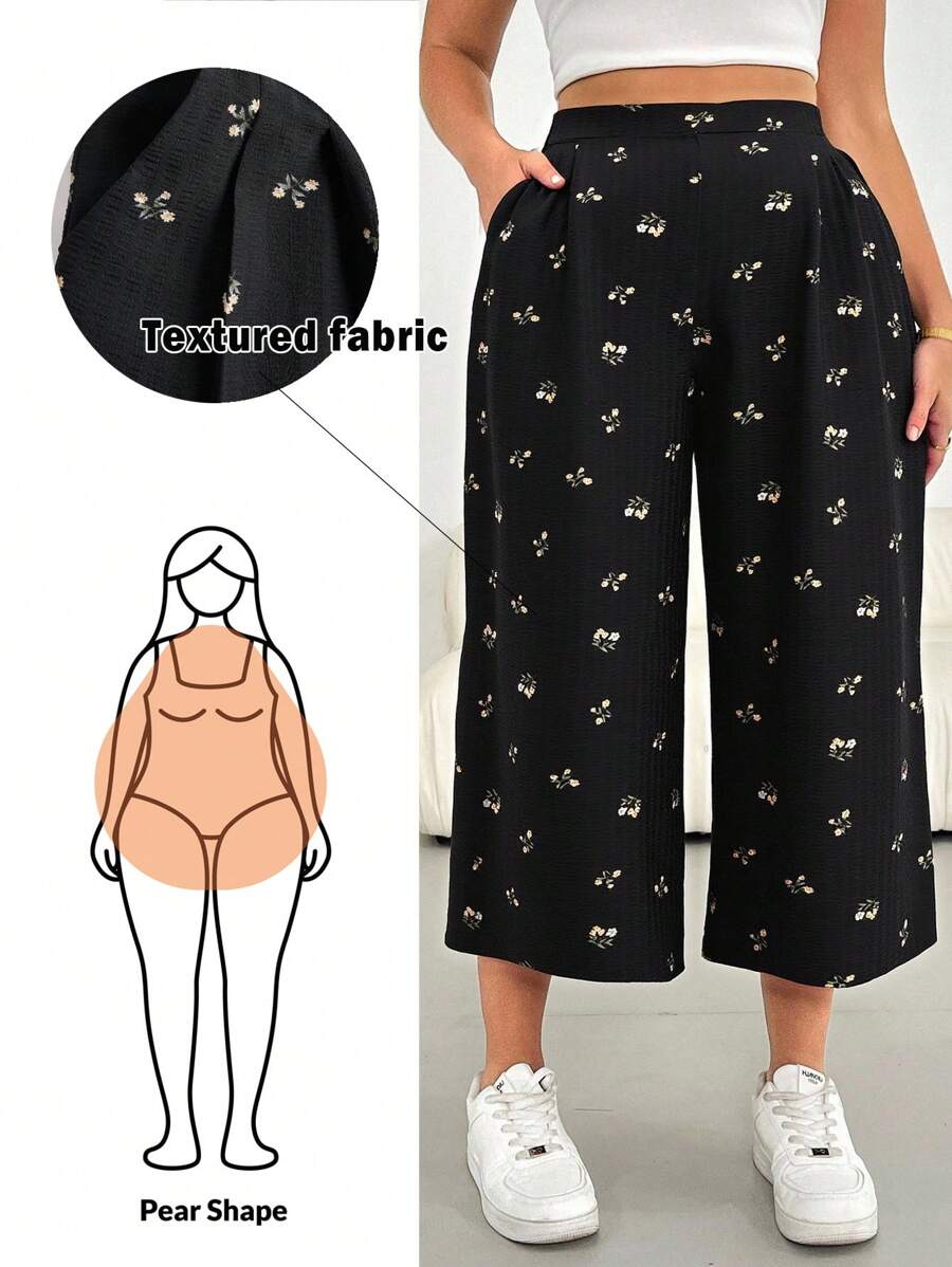 SHEIN Essnce Plus Size Women's Spring And Summer Fashion Casual Loose Comfortable Daily Cool Black Small Floral Cropped Pants Wide Leg Pants, Women Bottom,Baggy Pants,Vacation Outfits,Going Out Clothes,Flowy Pants