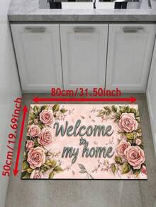 SHEIN 1 件入口地毯、粉红玫瑰欢迎回家字母地毯、聚酯防滑防污软地垫、室内外入口地板门垫、快干厨房地垫、洗衣房卫生间脚垫 - 彩色 - 查看 2