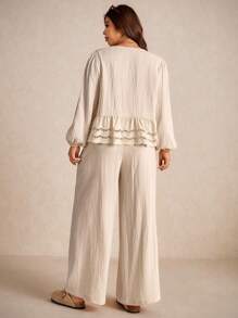 Elaquor Bộ 2 món áo sơ mi và quần dài thêu vá khoét lỗ thường ngày cho kỳ nghỉ cỡ lớn - Màu be - Xem 4