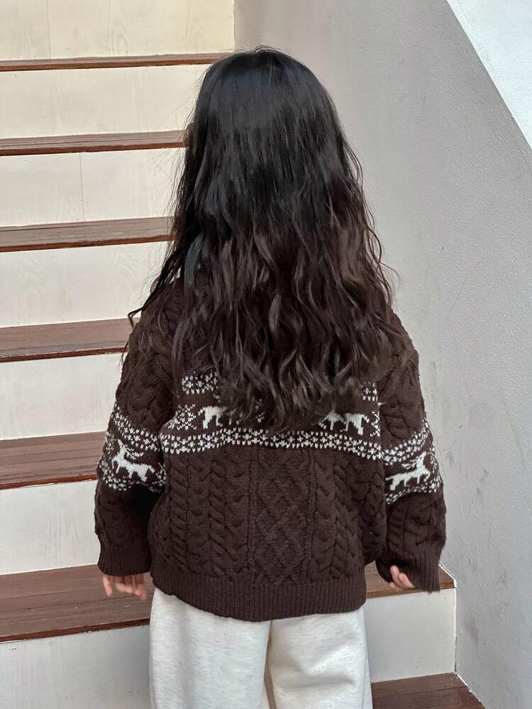 Young Girl' Round Neck Colorblock Reindeer Christmas Atmosphere Long Sleeve Sweater, Autumn/Winter