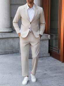 Manfinity Bizformal 2 件男士纯色长袖西装外套和裤子，西装套装 - 卡其色 - 查看 4