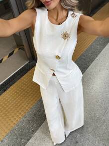 Siren Gaze 女式金属装饰无袖上衣和纯色长裤两件套 - 白色 - 查看 1