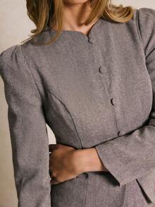 Poéselle Women's Elegant Brown Tweed Suit Set,Vintage Check Single-Breasted Bubble Sleeve Jacket & Midi Skirt,Grey Autumn Office Fall Winter Clothes,Elegant - Brown - View 4