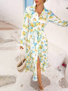 Vivid Eden Robe longue à manches longues imprimée citron décontractée pour femmes, convenant pour le port quotidien, robe d'automne