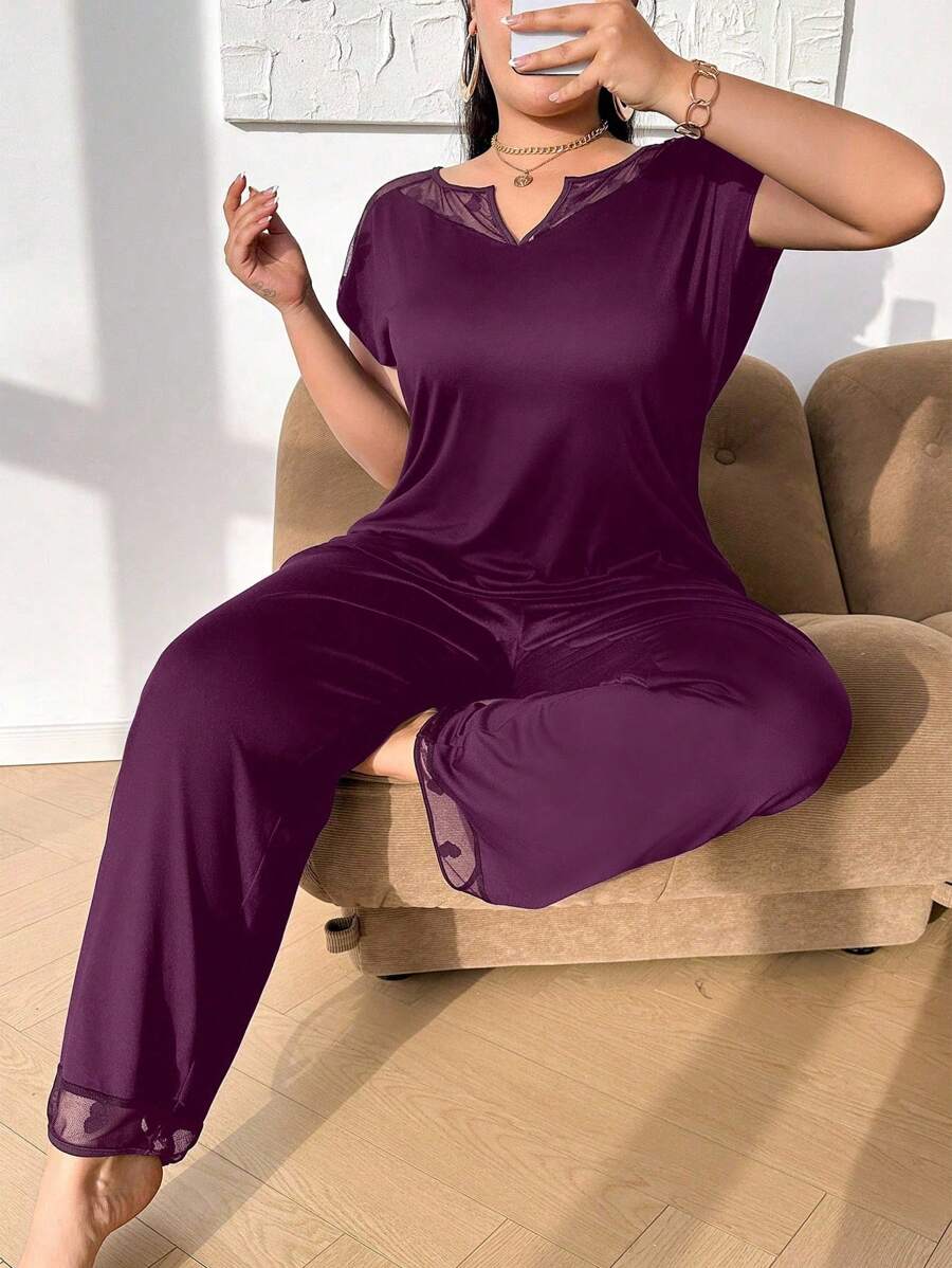 DUSKBASE Plus Size European & American Design Hollow Lace Patchwork Notch Neck Women Casual Sleepwear Set, Outfits - Red Violet - View 1