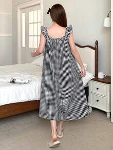 DAZY Sweet Contrast Color Bow Decor A-Line Sleeveless Ruffle Hem Women Nightgown Pajama