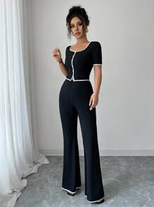 Elenzga 2pcs Women Casual Short Sleeve Top And Pants Set - Black and White - View 6